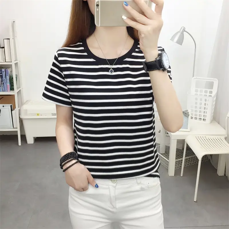 Women Blue Striped Short Sleeve T-Shirt 2023 - Image 9
