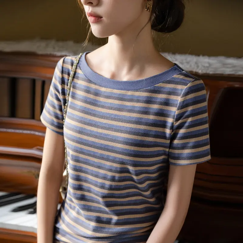 Women Striped T-Shirt Summer 2023 Purple Orange - Image 4