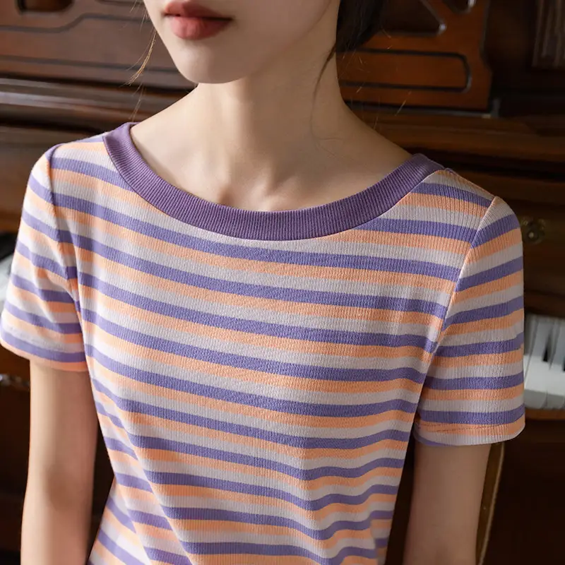 Women Striped T-Shirt Summer 2023 Purple Orange - Image 5