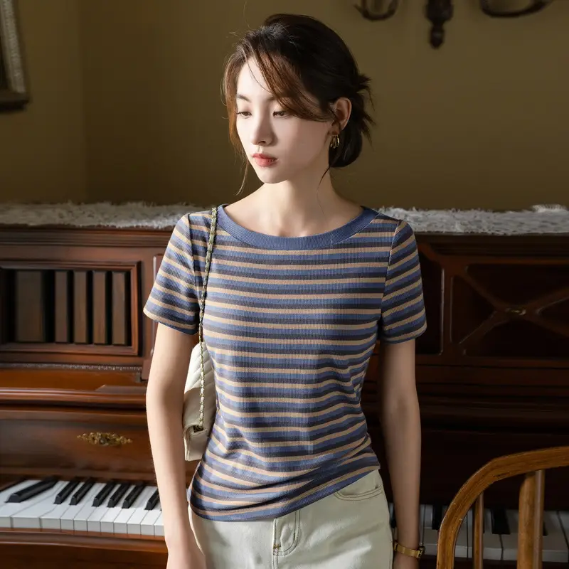 Women Striped T-Shirt Summer 2023 Purple Orange - Image 6