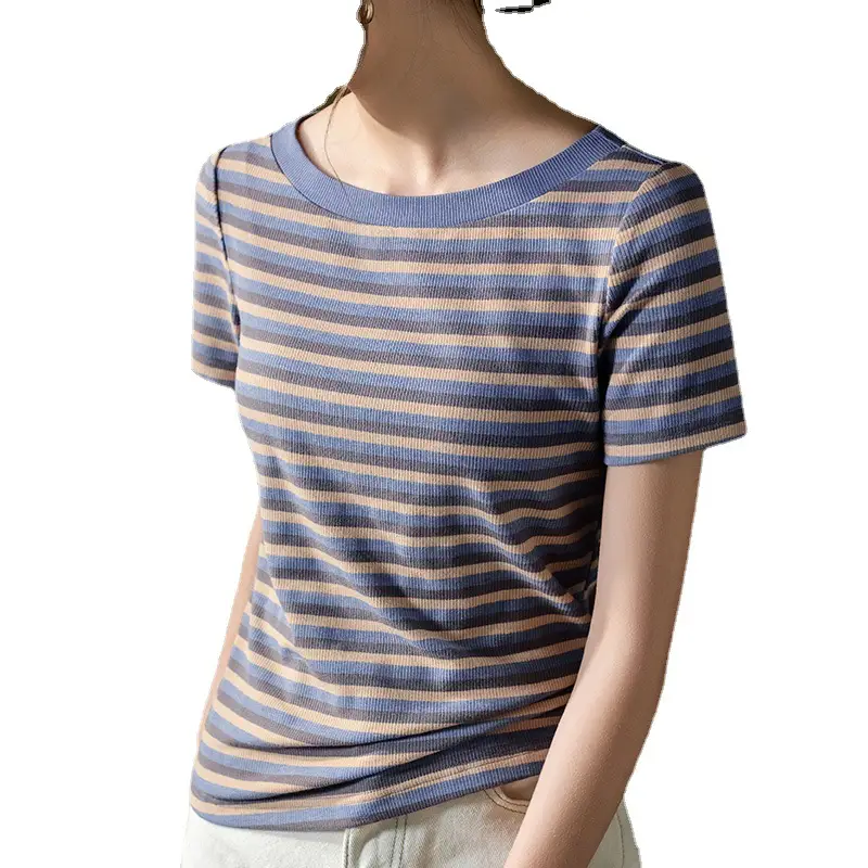 Women Striped T-Shirt Summer 2023 Purple Orange - Image 7