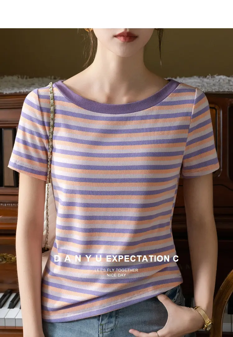 Women Striped T-Shirt Summer 2023 Purple Orange — feature 12