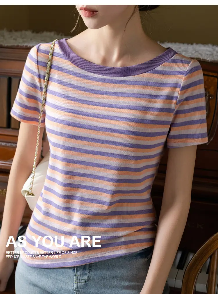 Women Striped T-Shirt Summer 2023 Purple Orange — feature 13