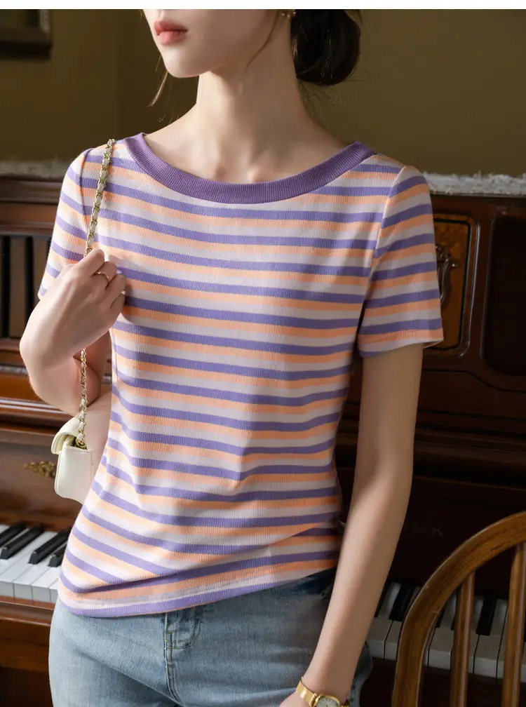 Women Striped T-Shirt Summer 2023 Purple Orange — feature 14
