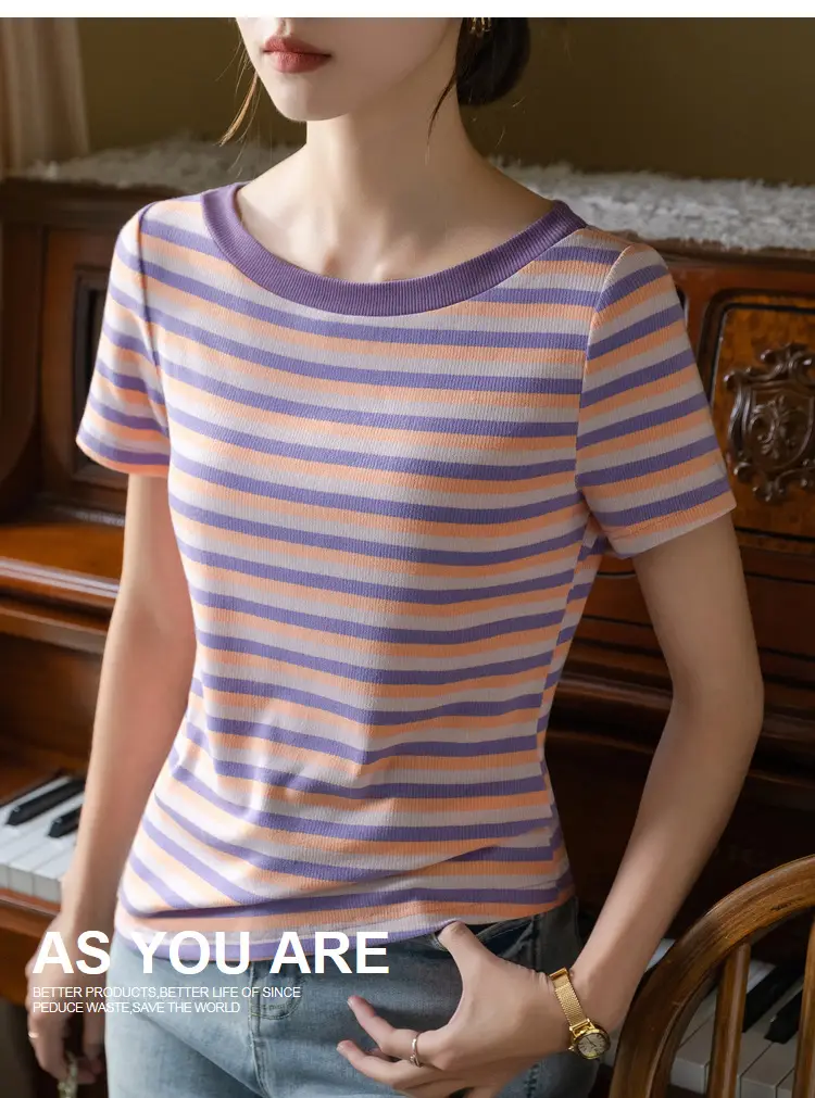Women Striped T-Shirt Summer 2023 Purple Orange — feature 15