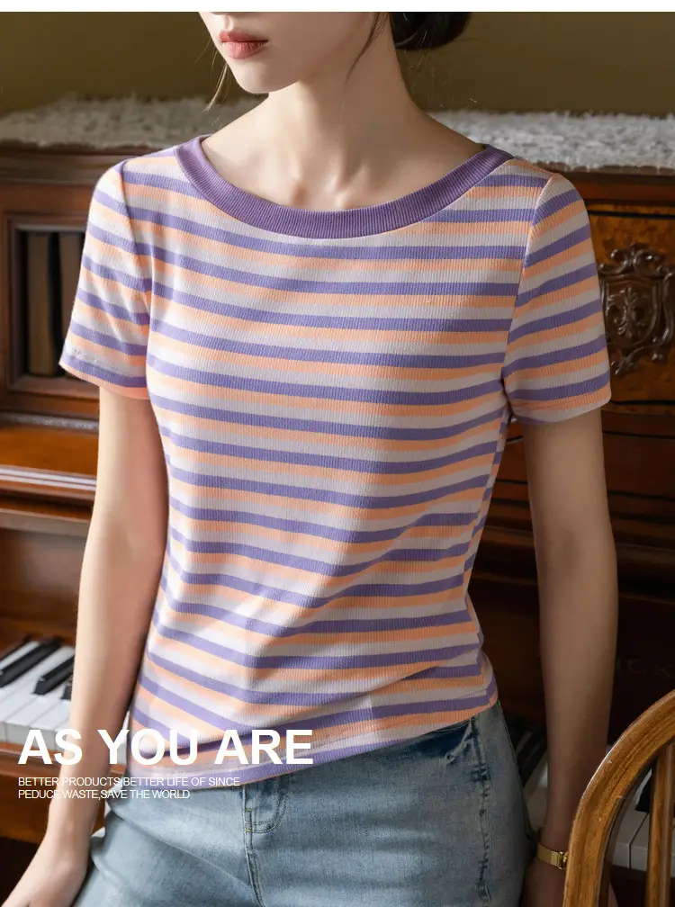 Women Striped T-Shirt Summer 2023 Purple Orange — feature 16