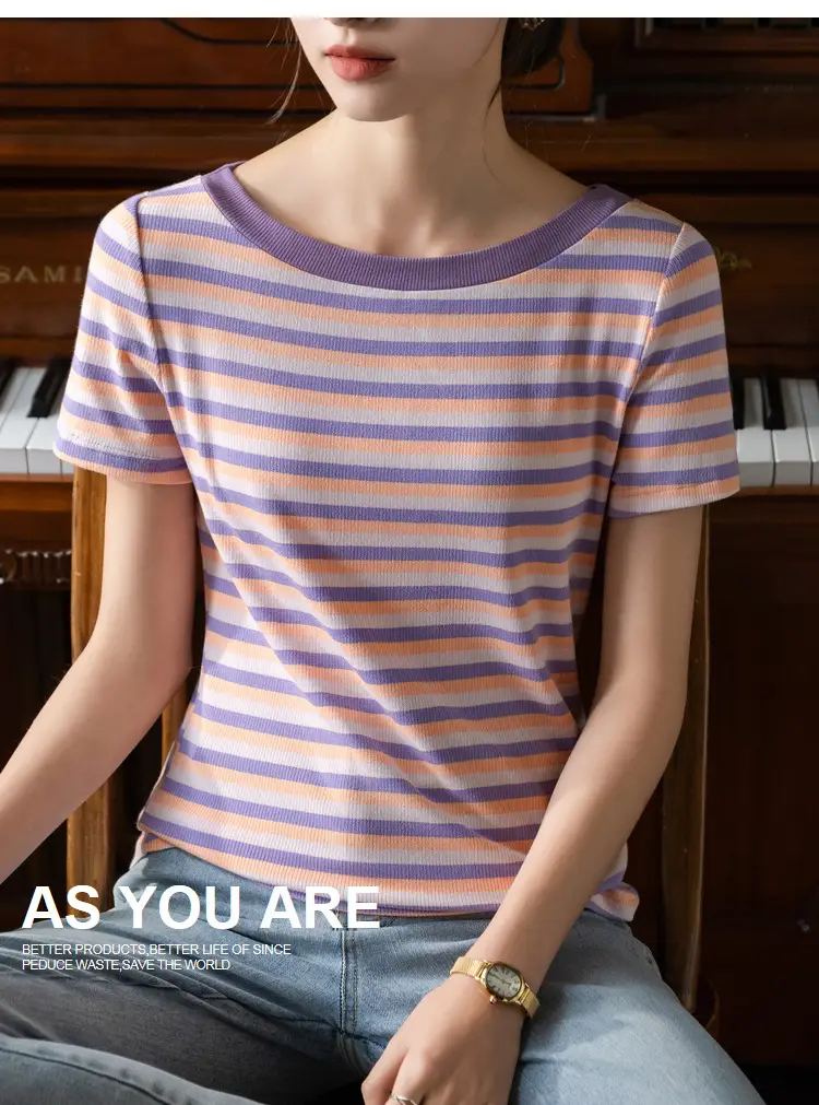 Women Striped T-Shirt Summer 2023 Purple Orange — feature 17