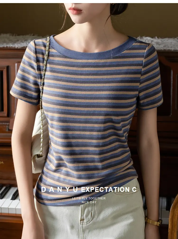 Women Striped T-Shirt Summer 2023 Purple Orange — feature 18