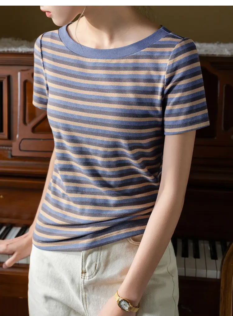 Women Striped T-Shirt Summer 2023 Purple Orange — feature 20