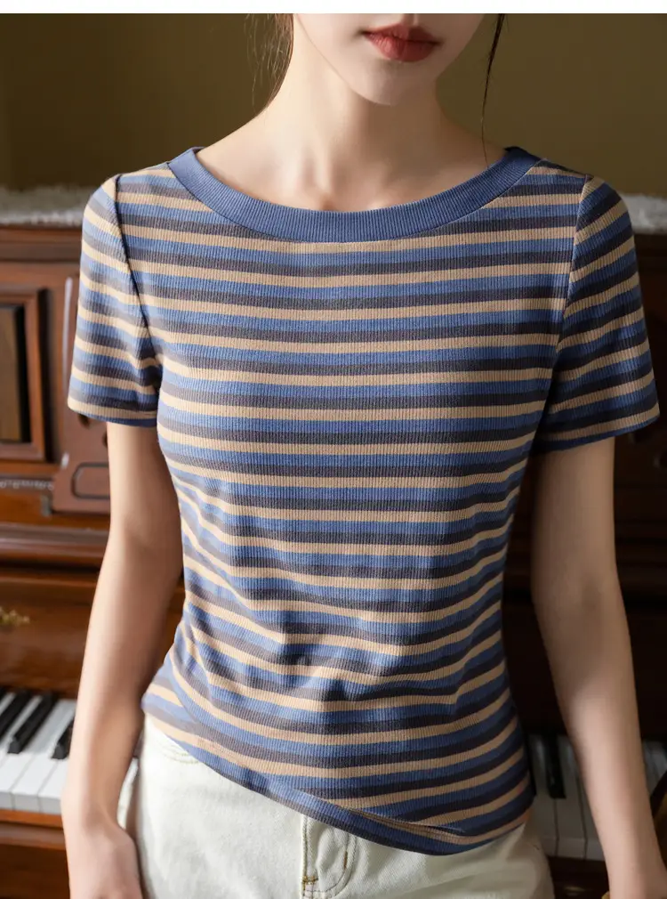 Women Striped T-Shirt Summer 2023 Purple Orange — feature 21
