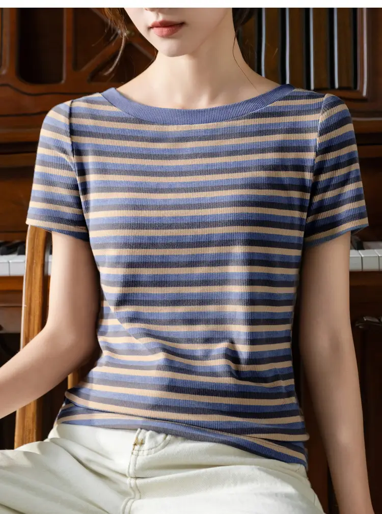 Women Striped T-Shirt Summer 2023 Purple Orange — feature 22