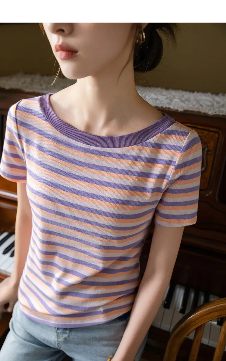 Women Striped T-Shirt Summer 2023 Purple Orange — feature 3