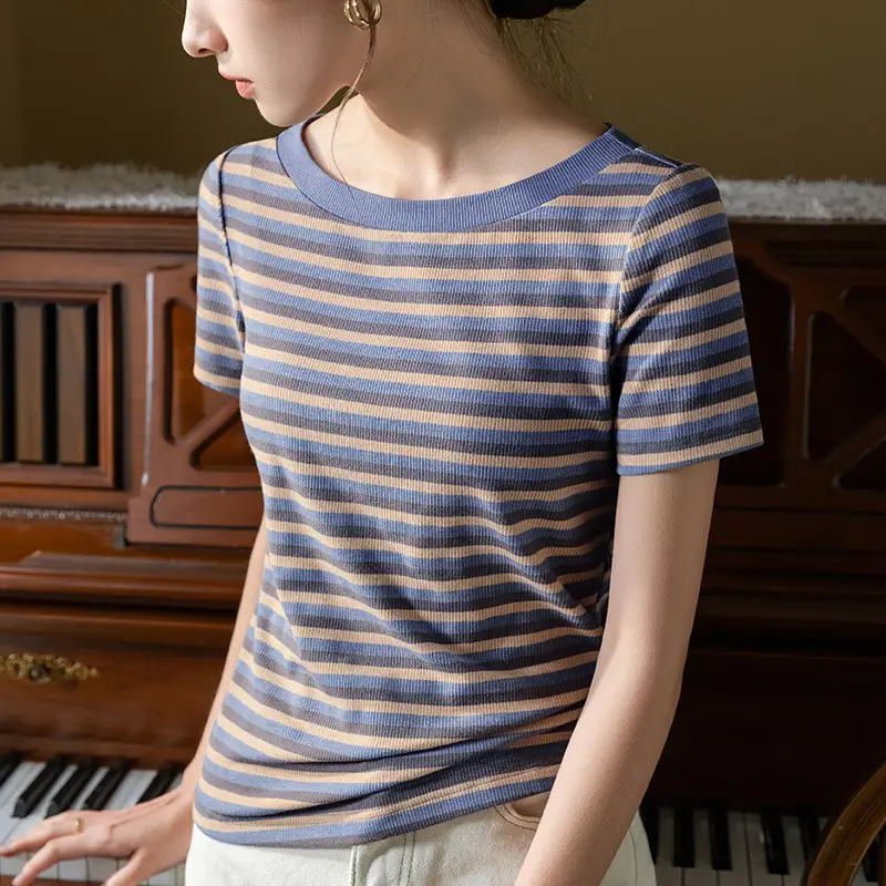Women Striped T-Shirt Summer 2023 Purple Orange - Image 2