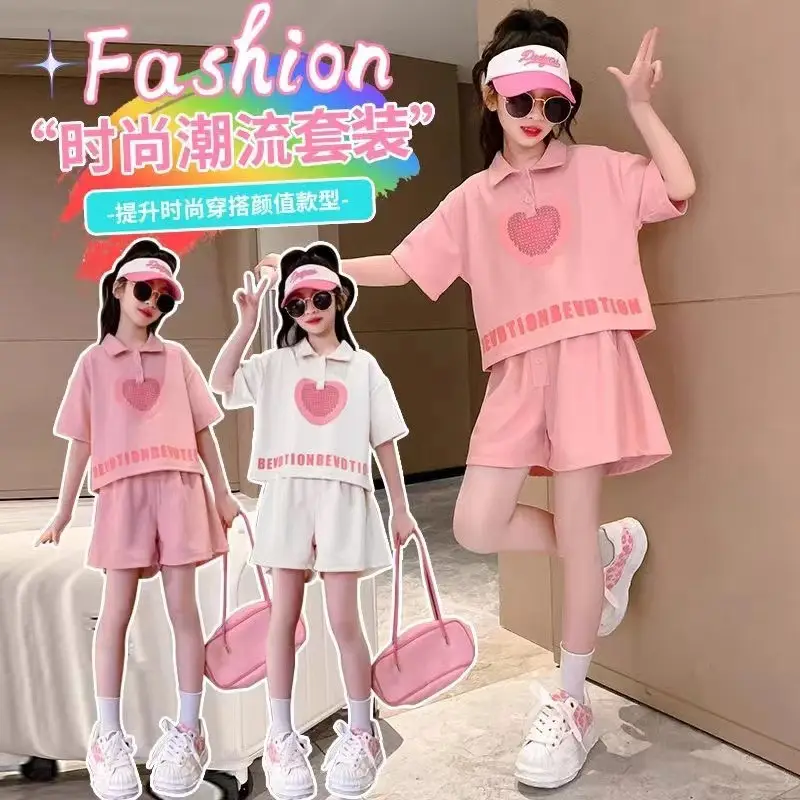 Girls' Heart Print Polo Shirt Set 2023 Summer - Image 4