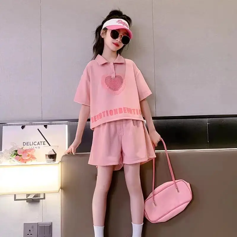 Girls' Heart Print Polo Shirt Set 2023 Summer - Image 6