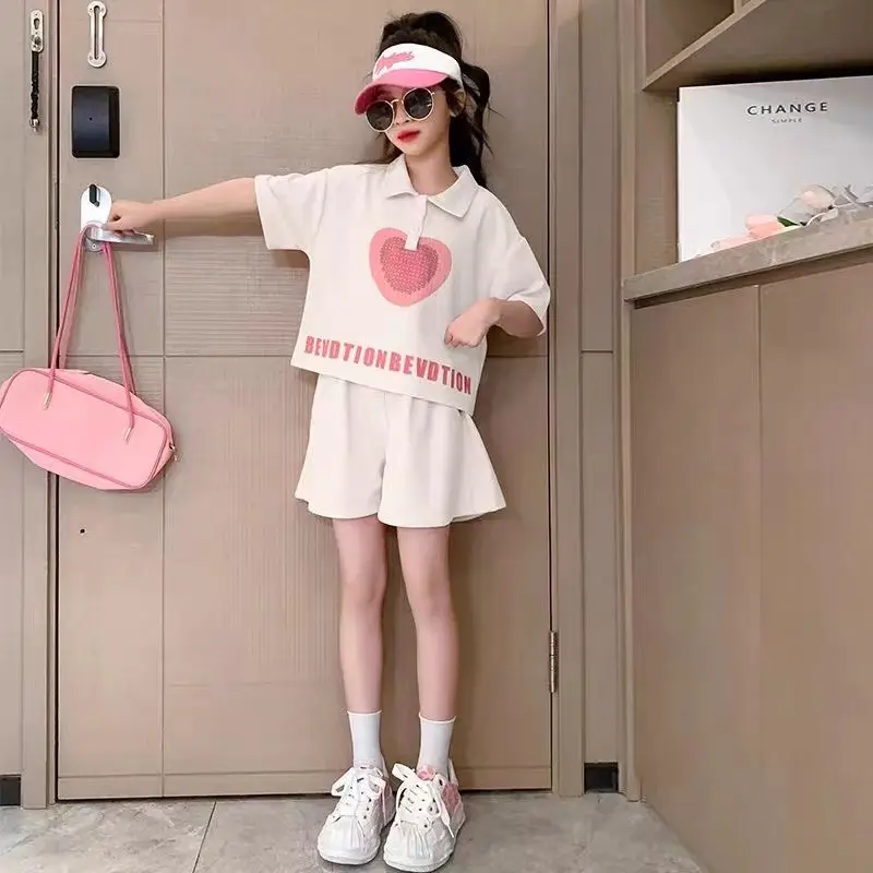 Girls' Heart Print Polo Shirt Set 2023 Summer - Image 7