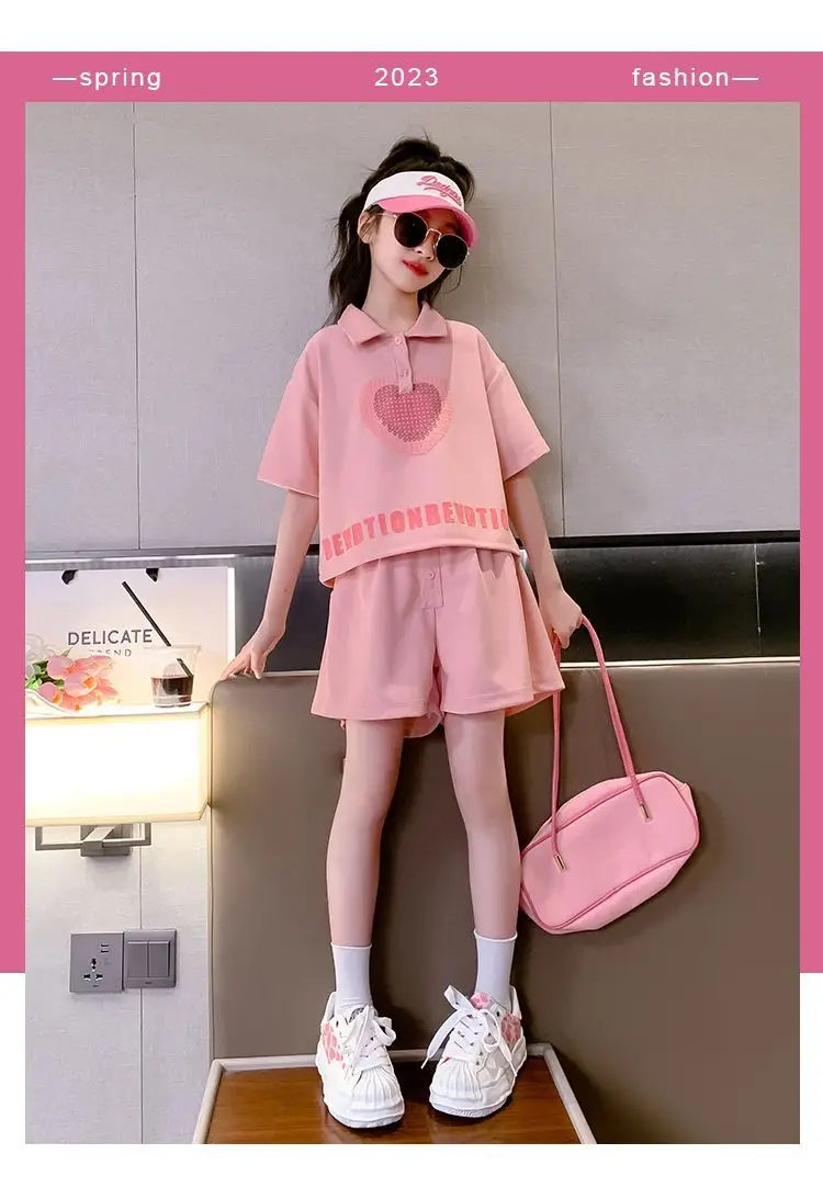 Girls' Heart Print Polo Shirt Set 2023 Summer — feature 1