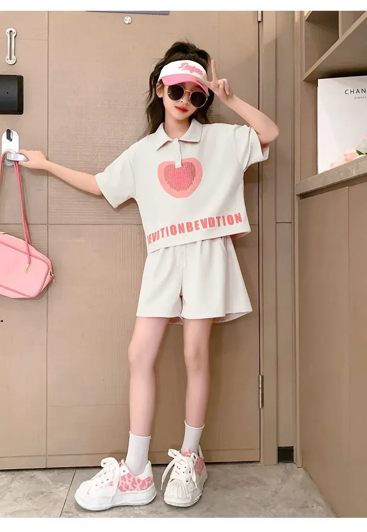 Girls' Heart Print Polo Shirt Set 2023 Summer — feature 10