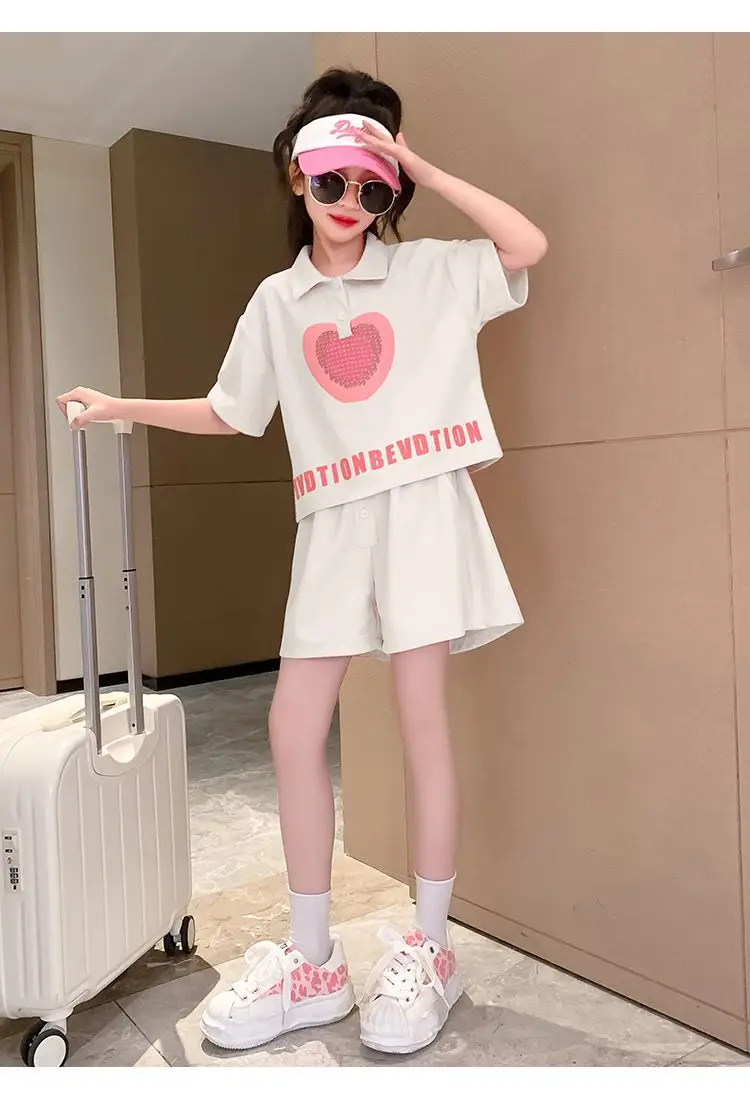 Girls' Heart Print Polo Shirt Set 2023 Summer — feature 11