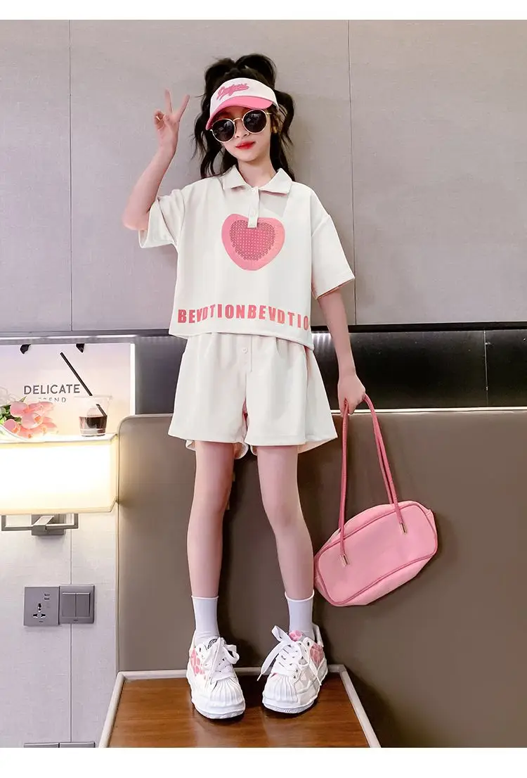 Girls' Heart Print Polo Shirt Set 2023 Summer — feature 12