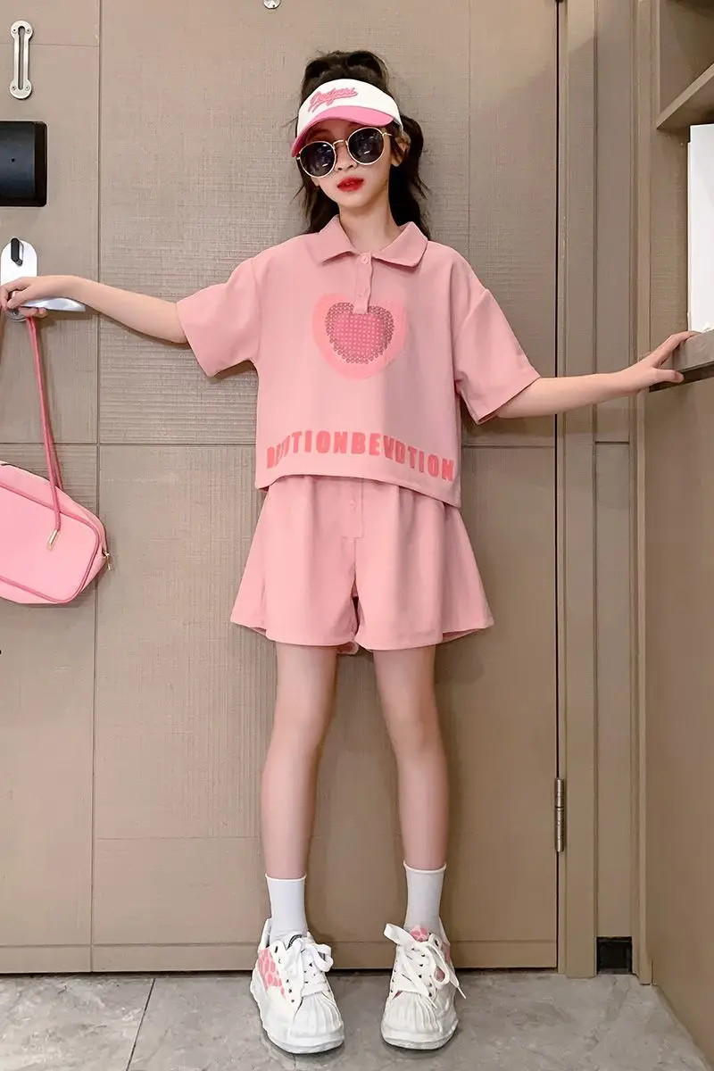 Girls' Heart Print Polo Shirt Set 2023 Summer — feature 13