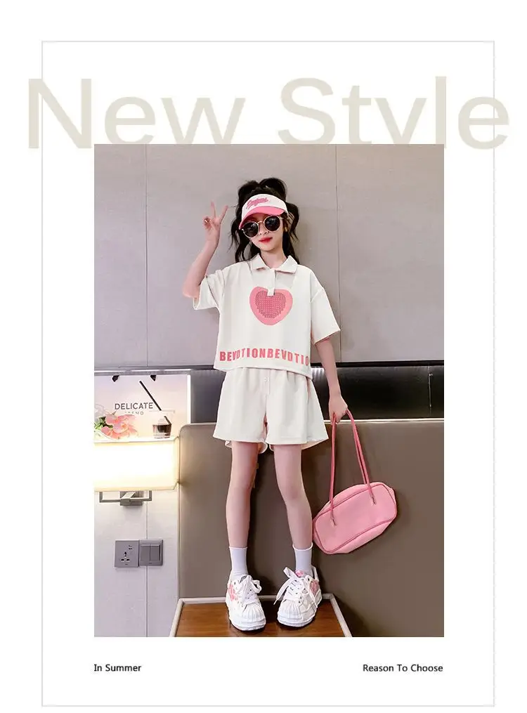 Girls' Heart Print Polo Shirt Set 2023 Summer — feature 2