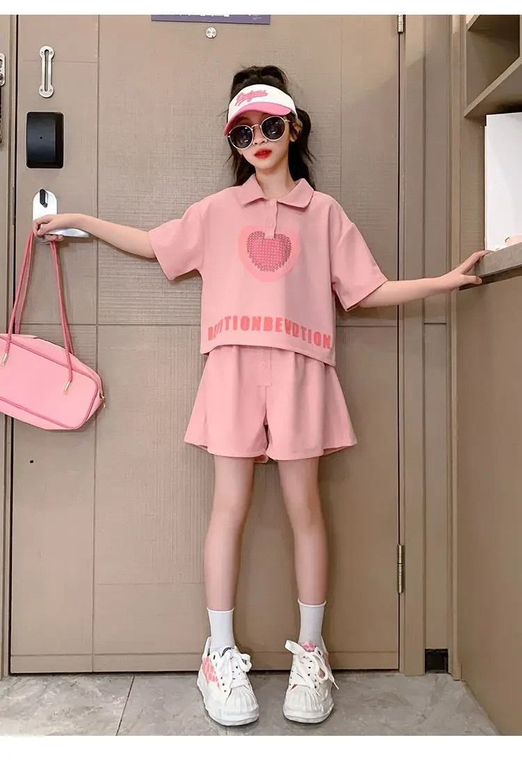 Girls' Heart Print Polo Shirt Set 2023 Summer — feature 5