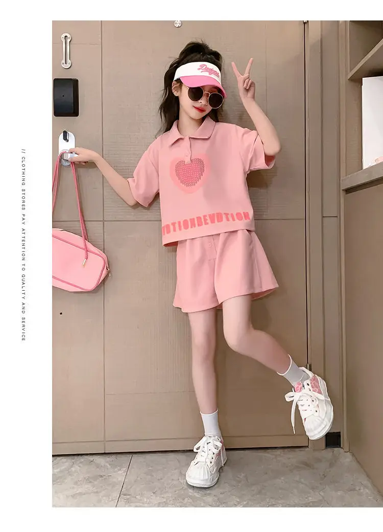 Girls' Heart Print Polo Shirt Set 2023 Summer — feature 6