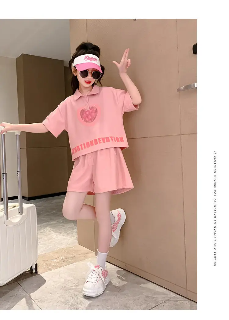 Girls' Heart Print Polo Shirt Set 2023 Summer — feature 8