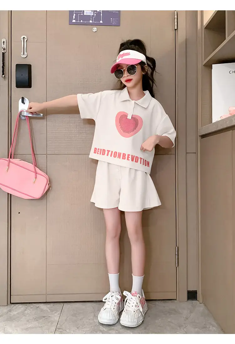 Girls' Heart Print Polo Shirt Set 2023 Summer — feature 9