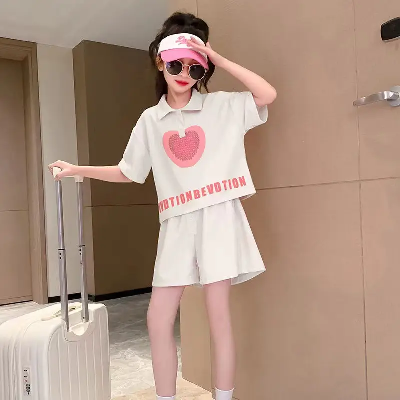 Girls' Heart Print Polo Shirt Set 2023 Summer - Image 2