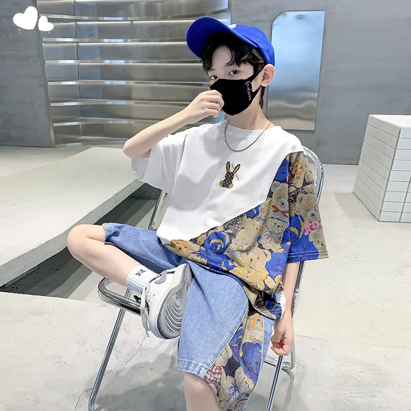 Boys 2Pc Printed Cotton Suit Blue Cap Mask - Image 6
