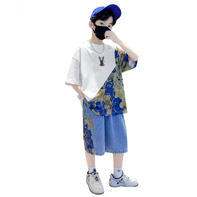 Boys 2Pc Printed Cotton Suit Blue Cap Mask - Image 7