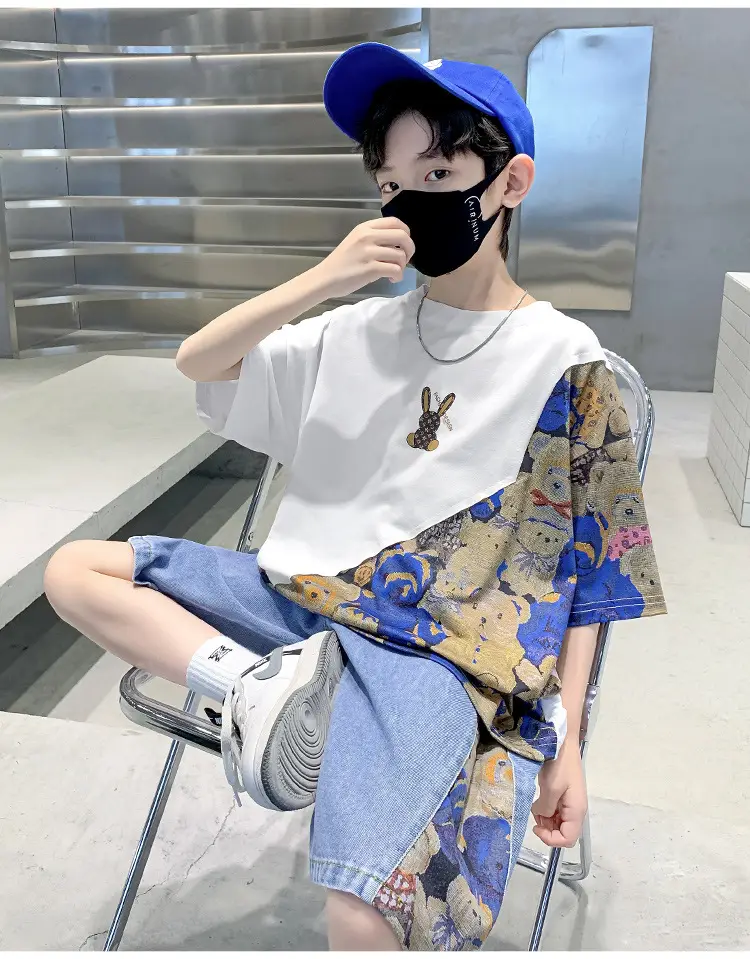 Boys 2Pc Printed Cotton Suit Blue Cap Mask — feature 11