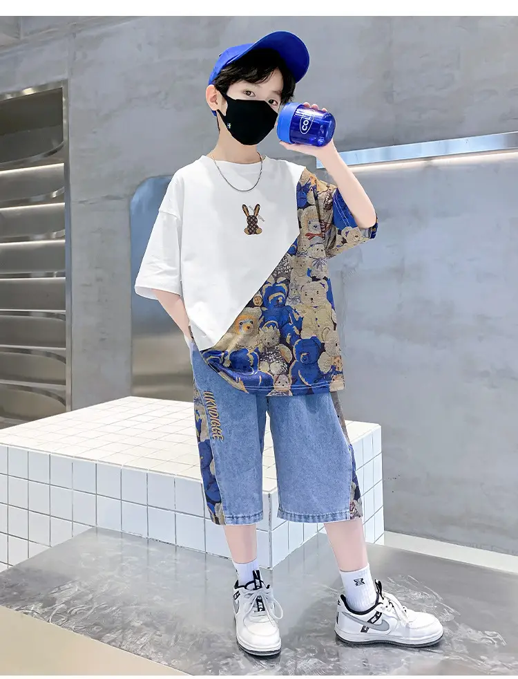 Boys 2Pc Printed Cotton Suit Blue Cap Mask — feature 13
