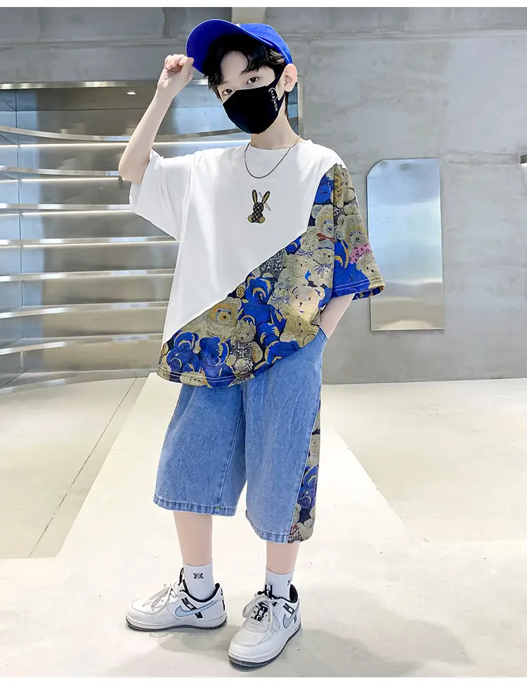 Boys 2Pc Printed Cotton Suit Blue Cap Mask — feature 14