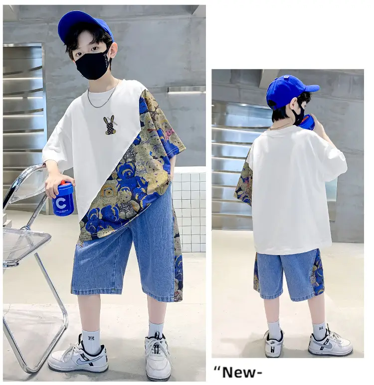Boys 2Pc Printed Cotton Suit Blue Cap Mask — feature 15