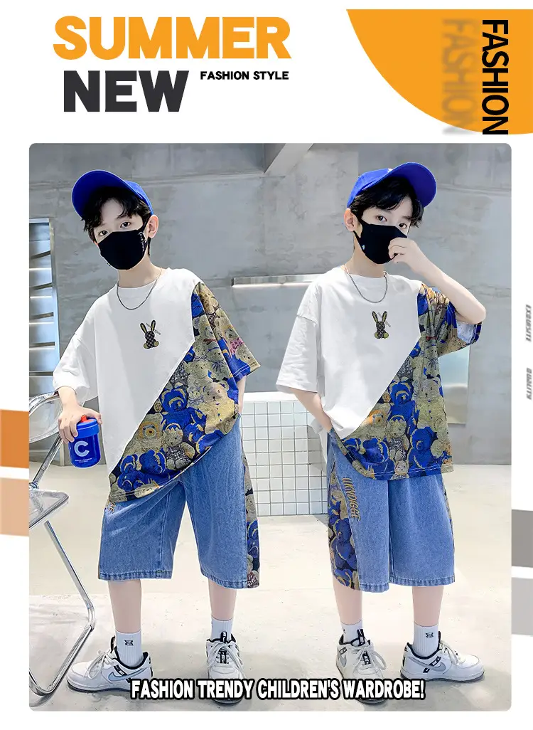 Boys 2Pc Printed Cotton Suit Blue Cap Mask — feature 2