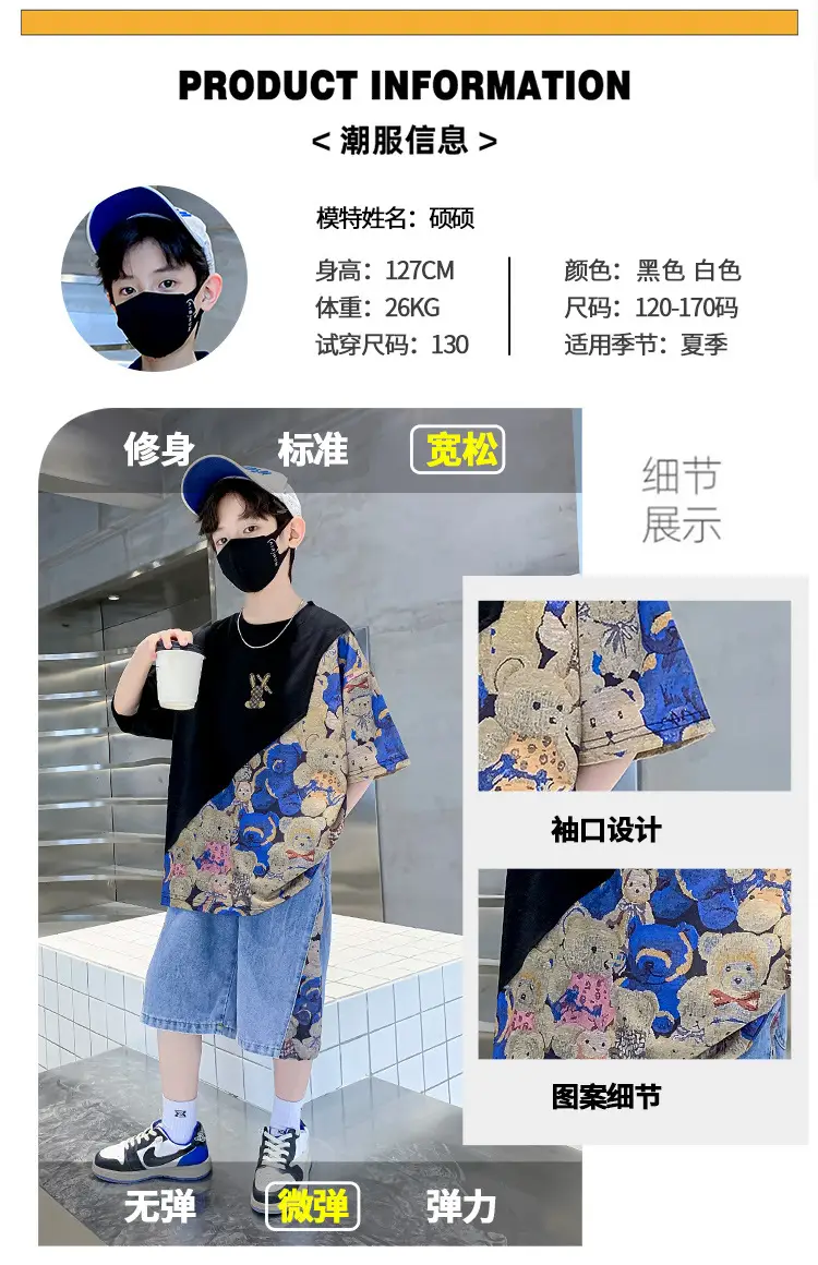 Boys 2Pc Printed Cotton Suit Blue Cap Mask — feature 3