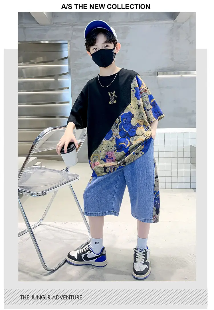 Boys 2Pc Printed Cotton Suit Blue Cap Mask — feature 7