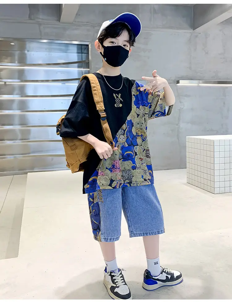 Boys 2Pc Printed Cotton Suit Blue Cap Mask — feature 8