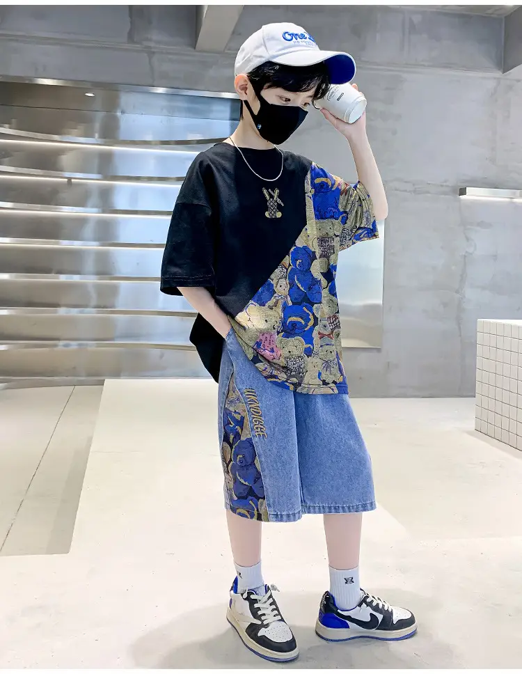 Boys 2Pc Printed Cotton Suit Blue Cap Mask — feature 9