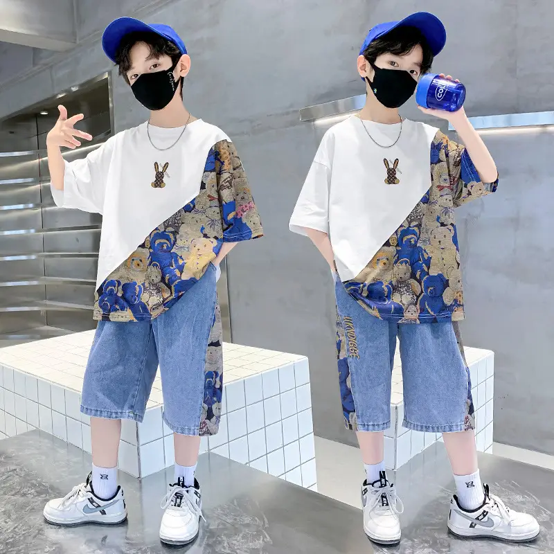 Boys 2Pc Printed Cotton Suit Blue Cap Mask - Image 2