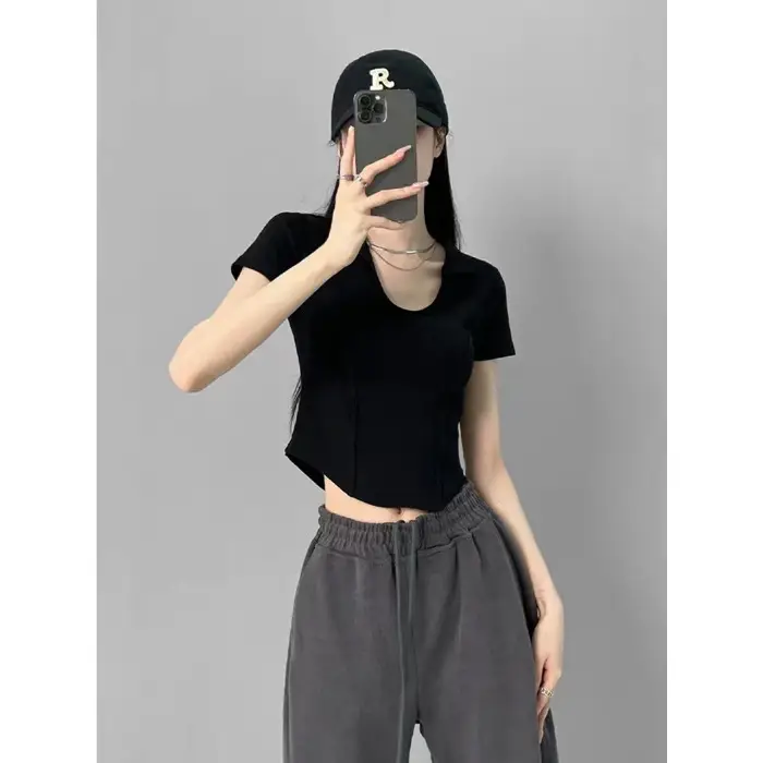 Women's 2025 Short U-Neck T-Shirt High Waist Bottom - Image 2