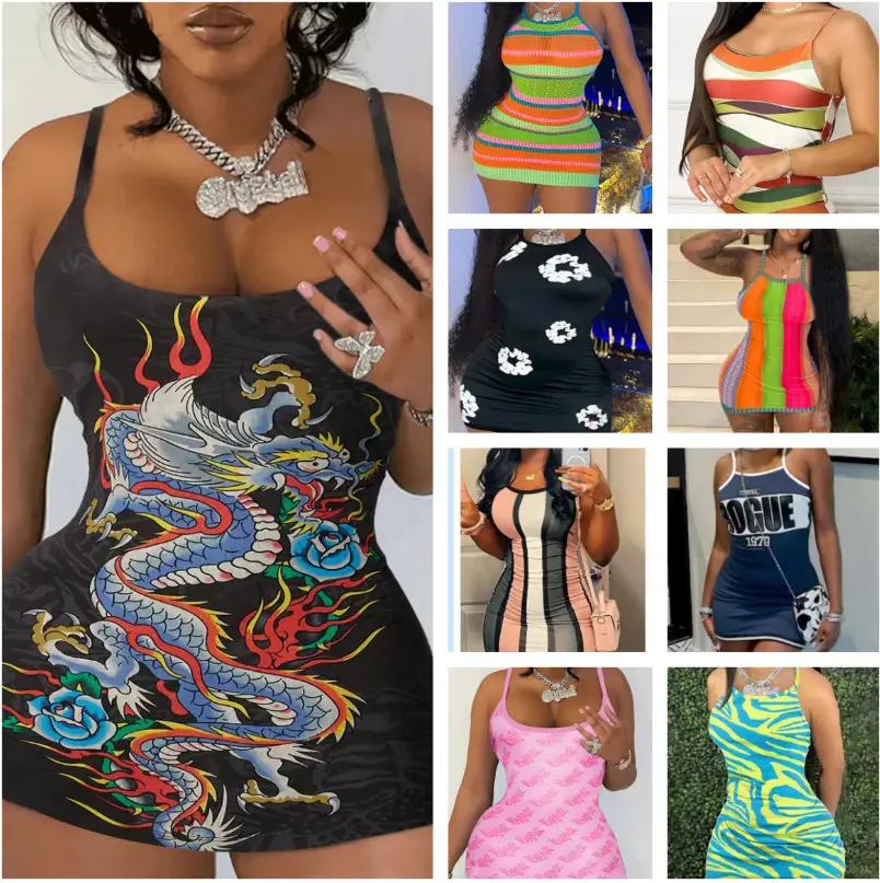 Explosions Dragon Print Women's Black Slim Fit Striped Dress