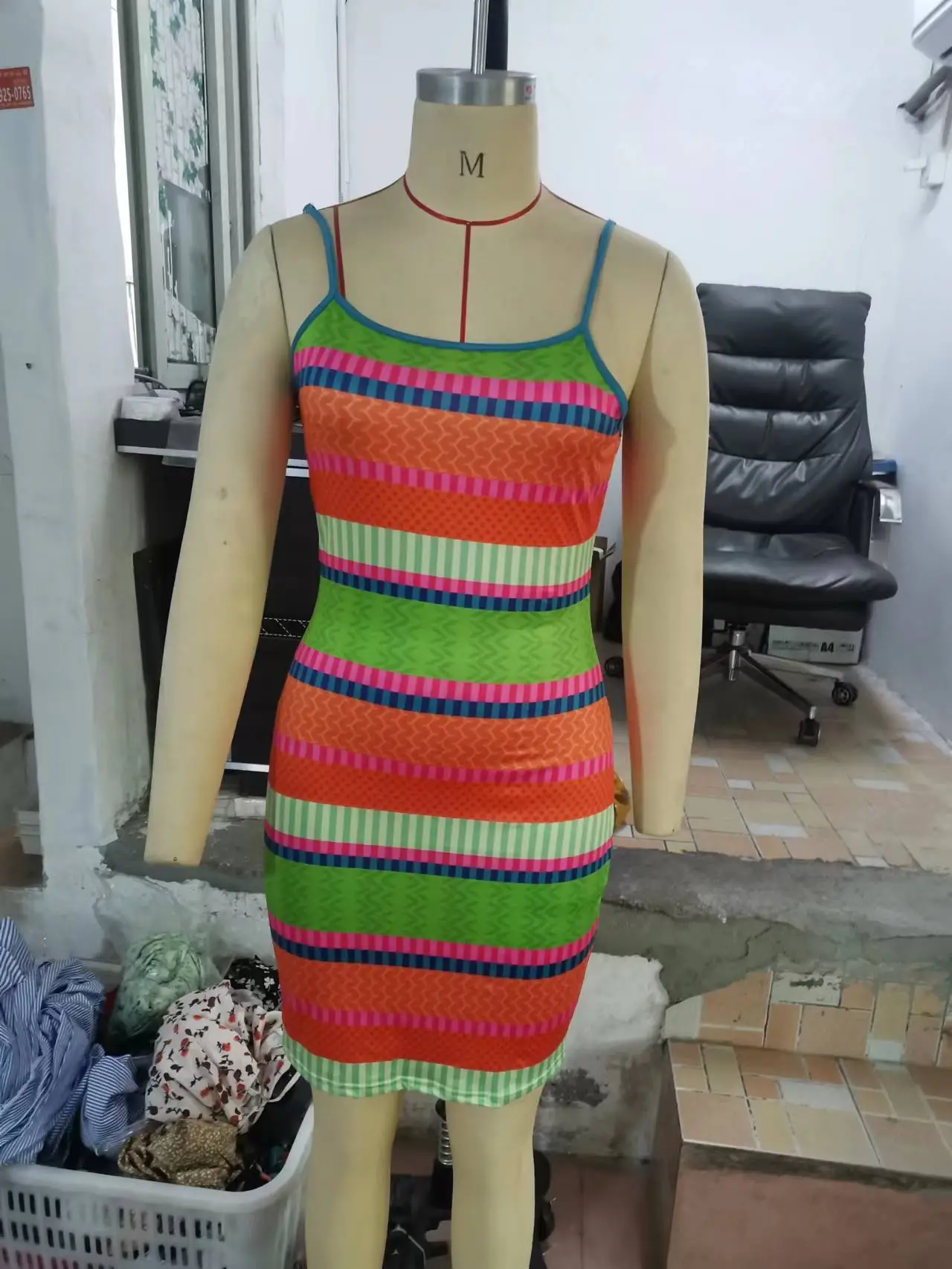 Explosions Dragon Print Women's Black Slim Fit Striped Dress — feature 5