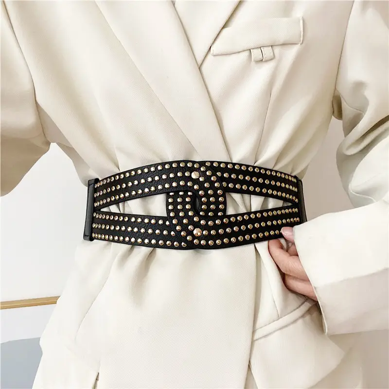 Ins Punk Gold Rivet Wide Belt Women's Suit Dress — feature 4