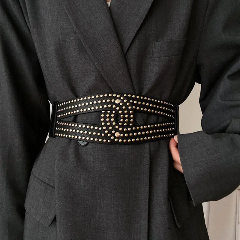 Ins Punk Gold Rivet Wide Belt Women's Suit Dress — feature 9