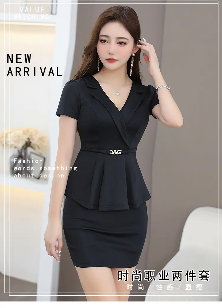 Black V-Neck Hip Short Sleeve Massage Workwear — feature 1