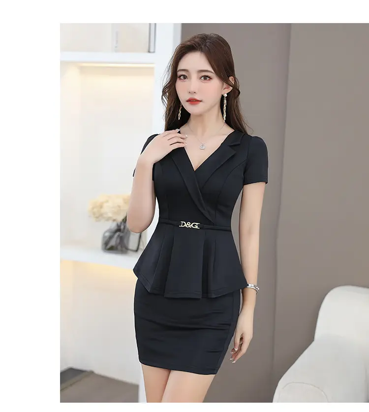 Black V-Neck Hip Short Sleeve Massage Workwear — feature 10